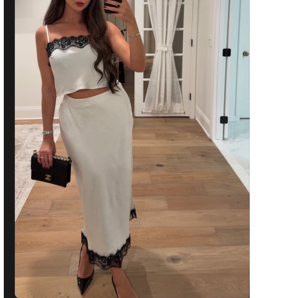 2 piece SET Satin white midi skirt with black lace trim hem & tank top